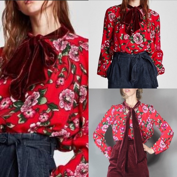 zara red floral blouse